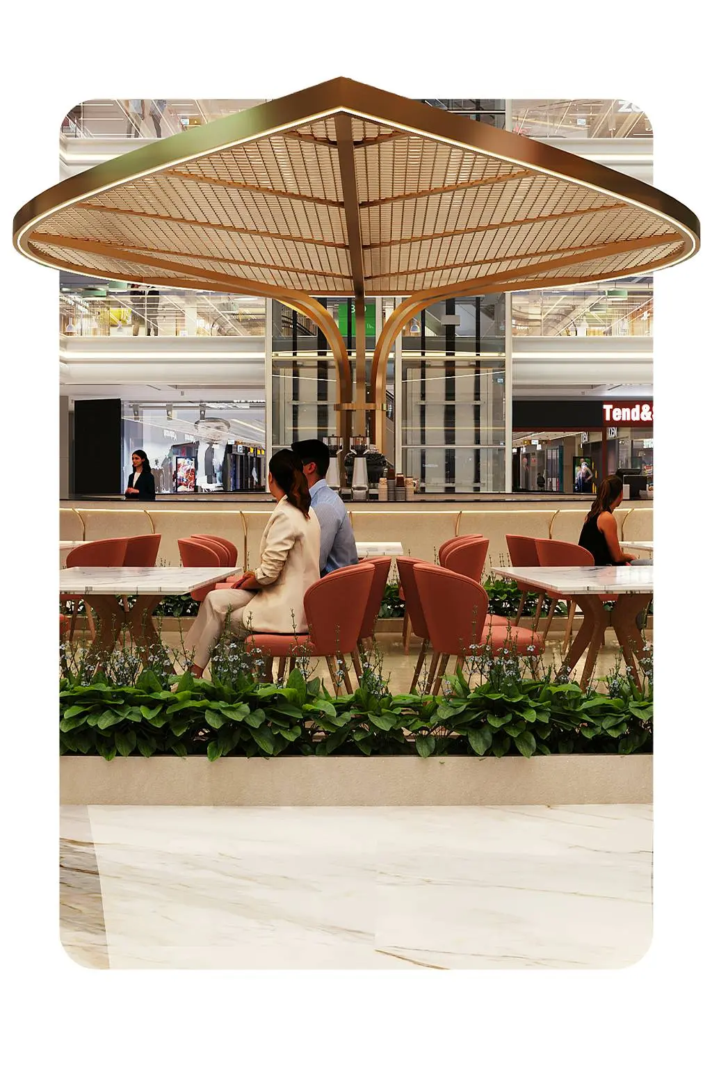 Modern multi-level shopping mall interior with retail stores, seating areas and glass elevators